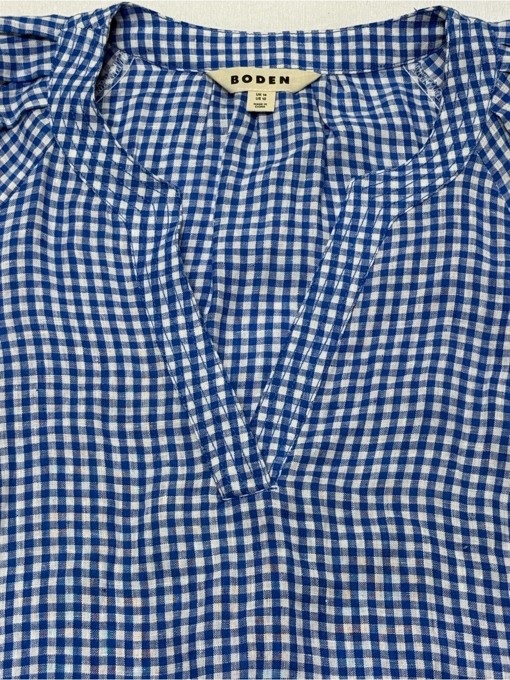 Boden 100% Linen Blue & White Gingham Puff-Sleeve Split-Neck Blouse - Picture 4 of 8